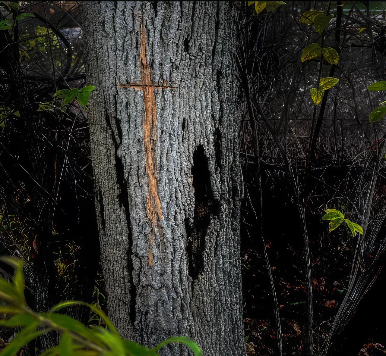 A tree in a dark forest with a cross carved into the trunk